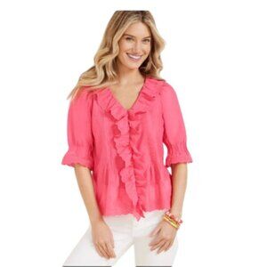 Talbots Womens Embroidered Eyelet Ruffle Top blouse size large pink cotton